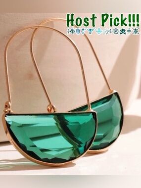 Anthropologie Emerald Green Faceted Crescent Moon Wire Threader Hoop Earrings